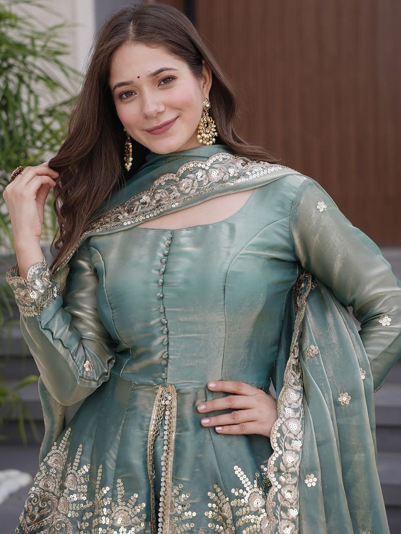 Women Firozi Fandy Silk Embroidered Kurta Palazzo Dupatta Set