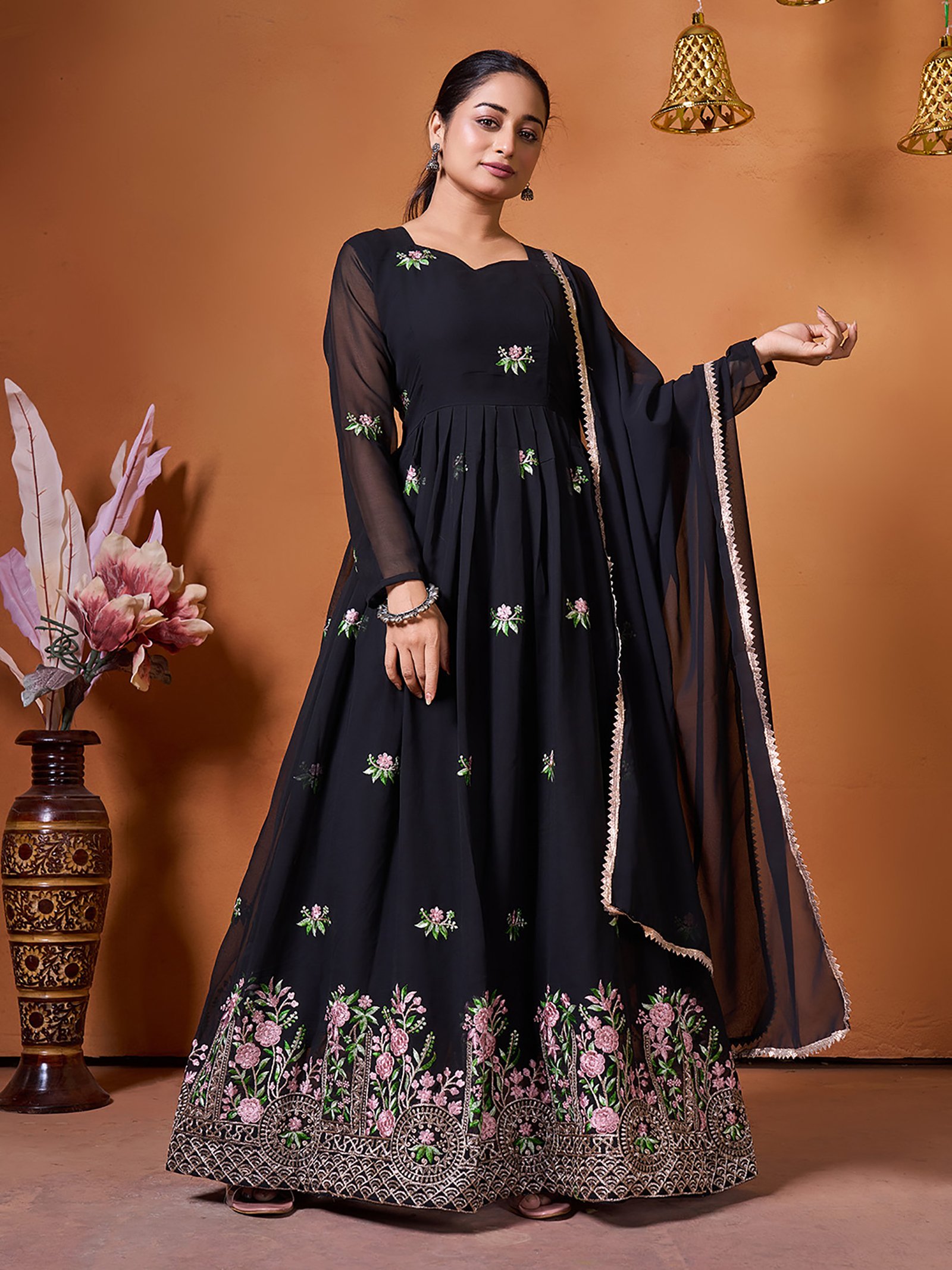 Black Embroidered Anarkali Gown | Party Wear Women