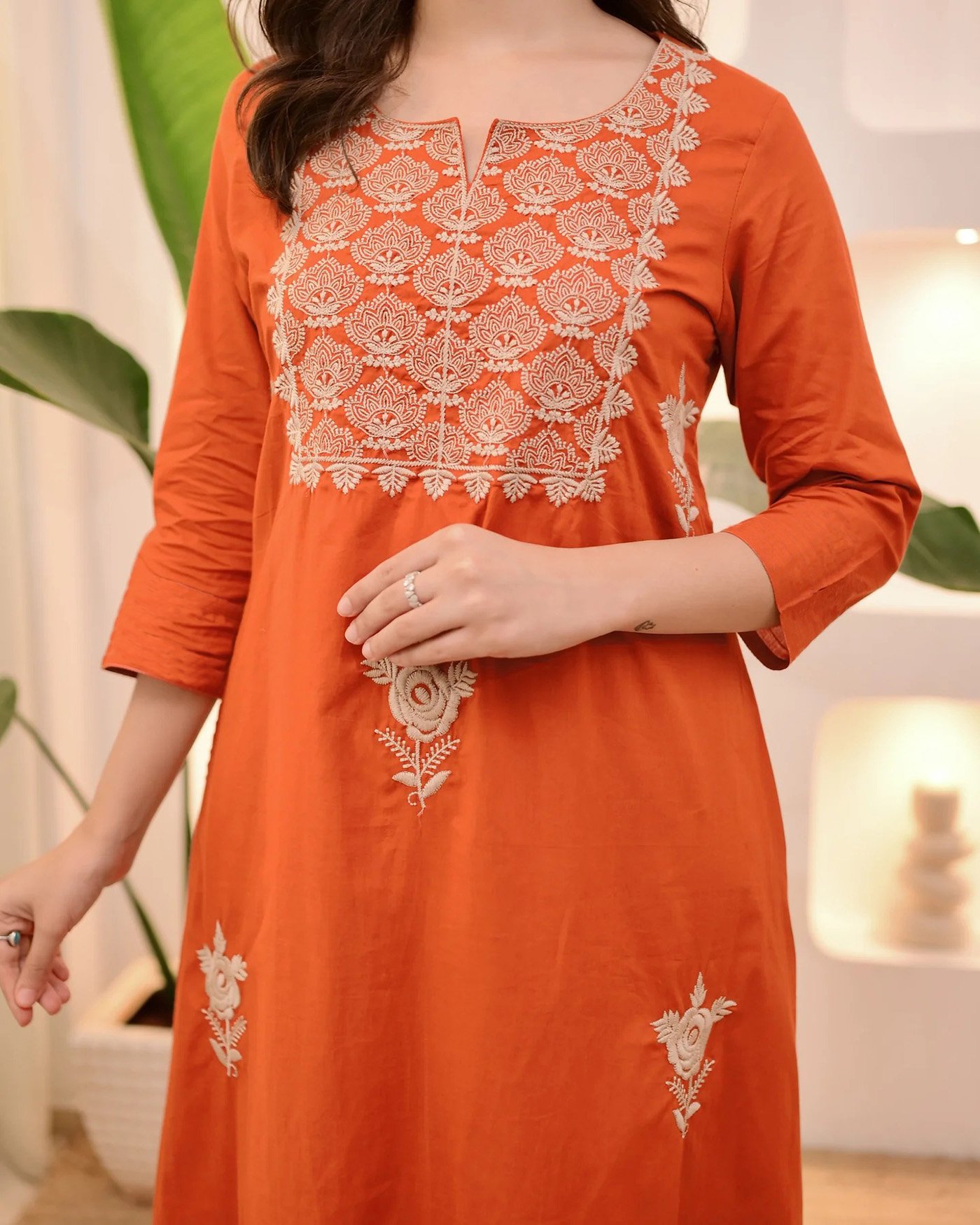 Orange Embroidered Kurta Pant Set | Ethnic Wear Women