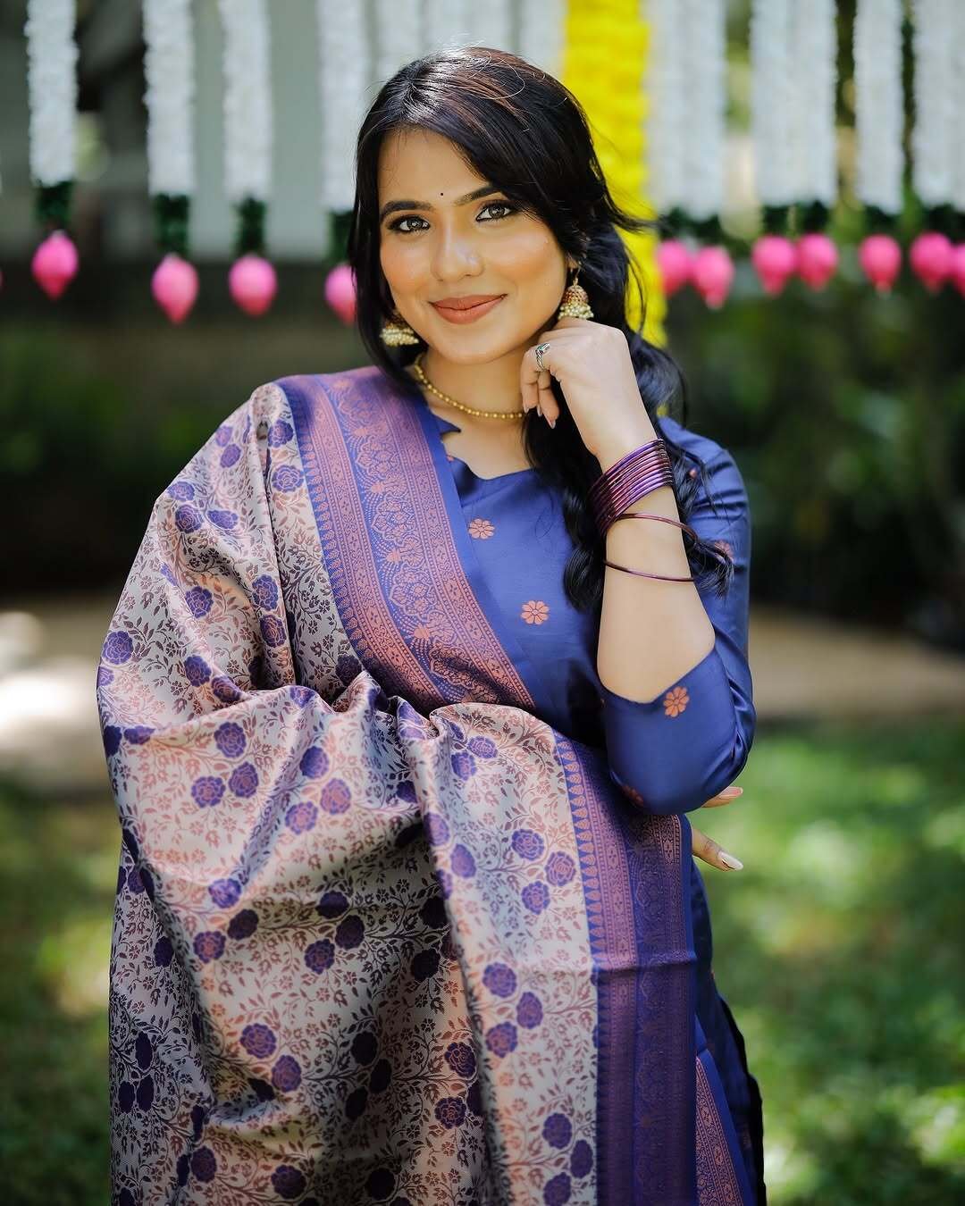 Blue Jacquard Kurta Pant Dupatta Set For Women