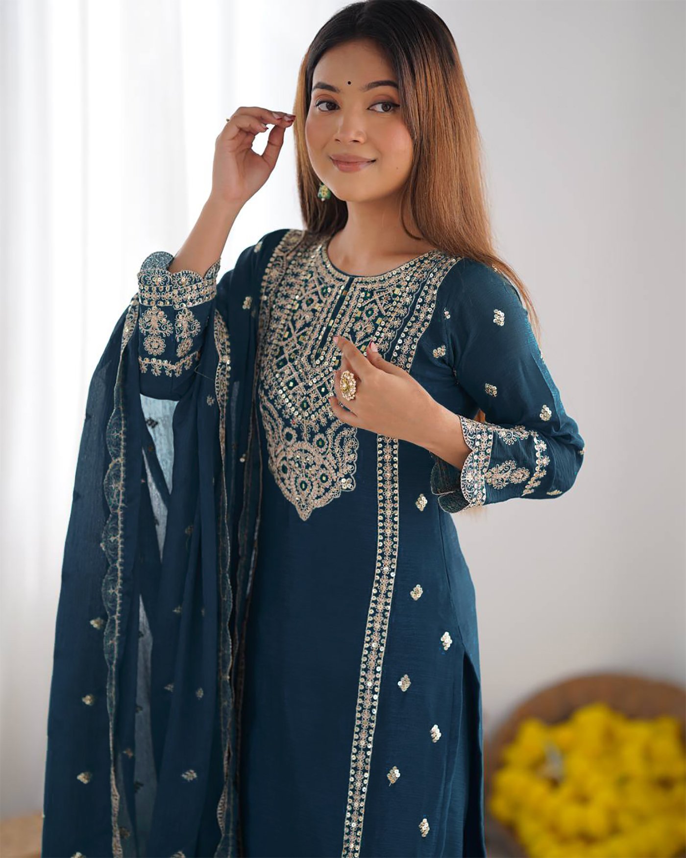 Cerulean Silk Kurta Pant Dupatta Set For Women