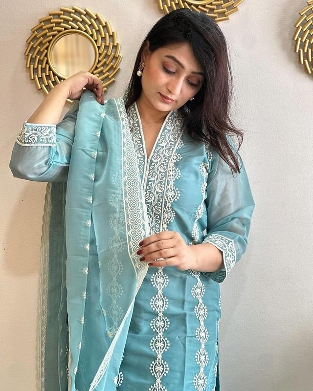 Sky Blue Kurta Pant Dupatta Set For Women