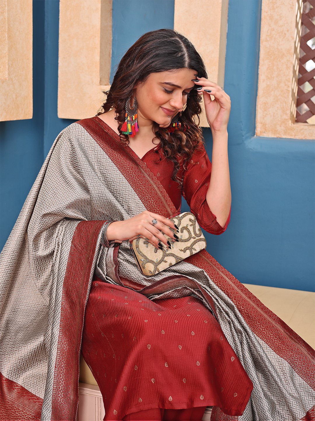 Maroon Jacquard Kurta Pant Dupatta Set Women