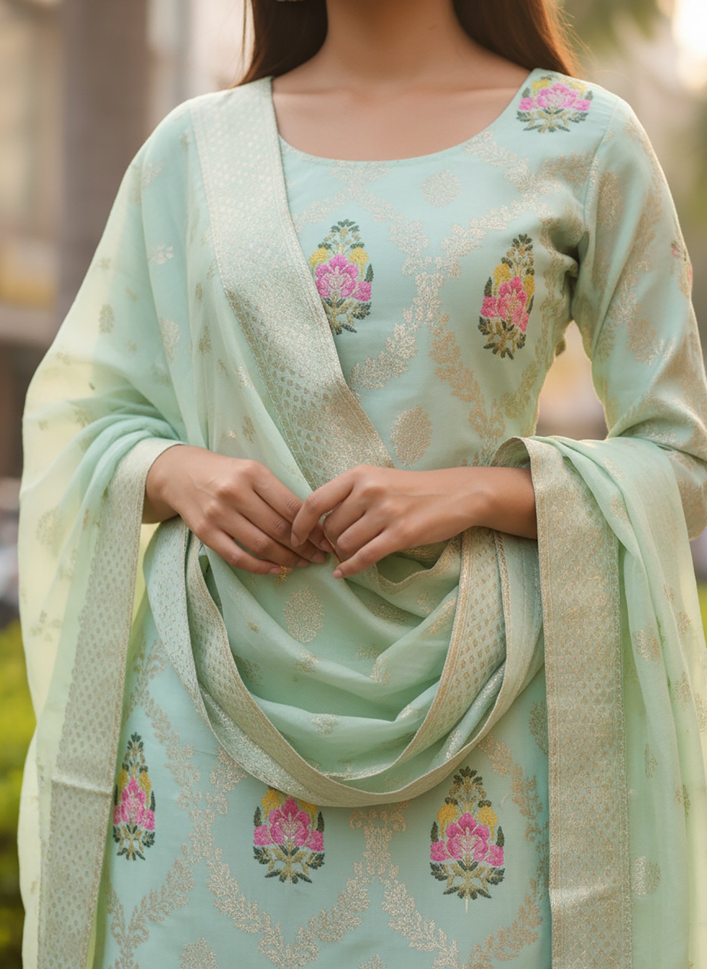 Pista Kurta Pant Dupatta Set Women | Art Silk