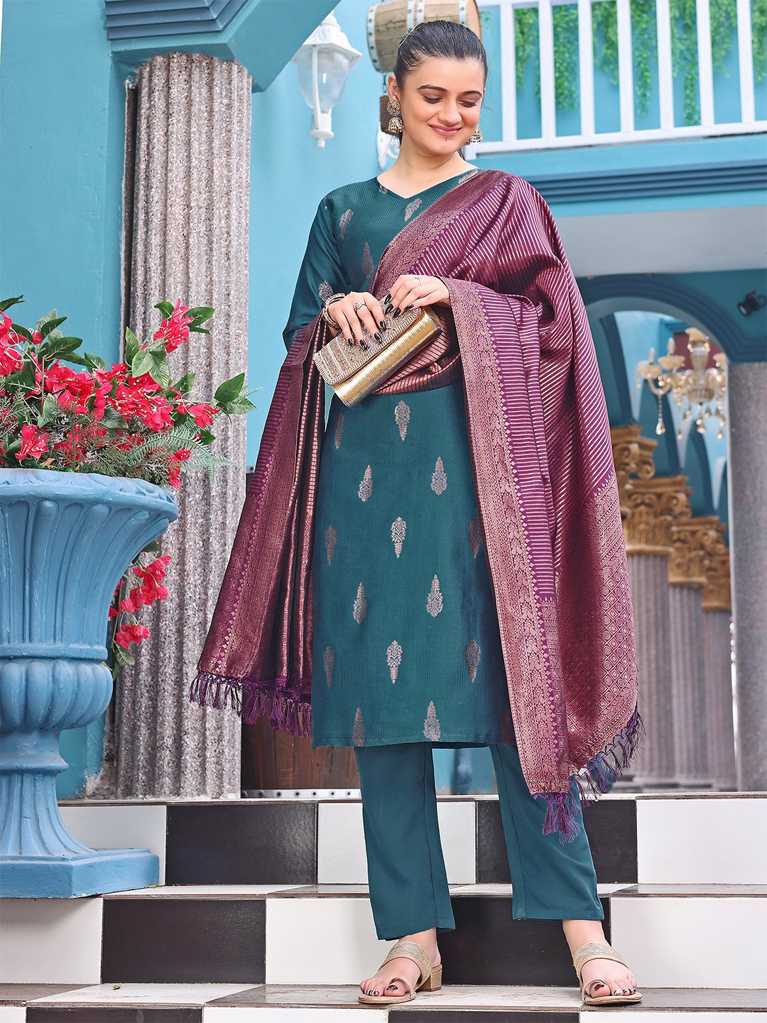 Blue Silk Kurta Pant Dupatta Set Women | Roman