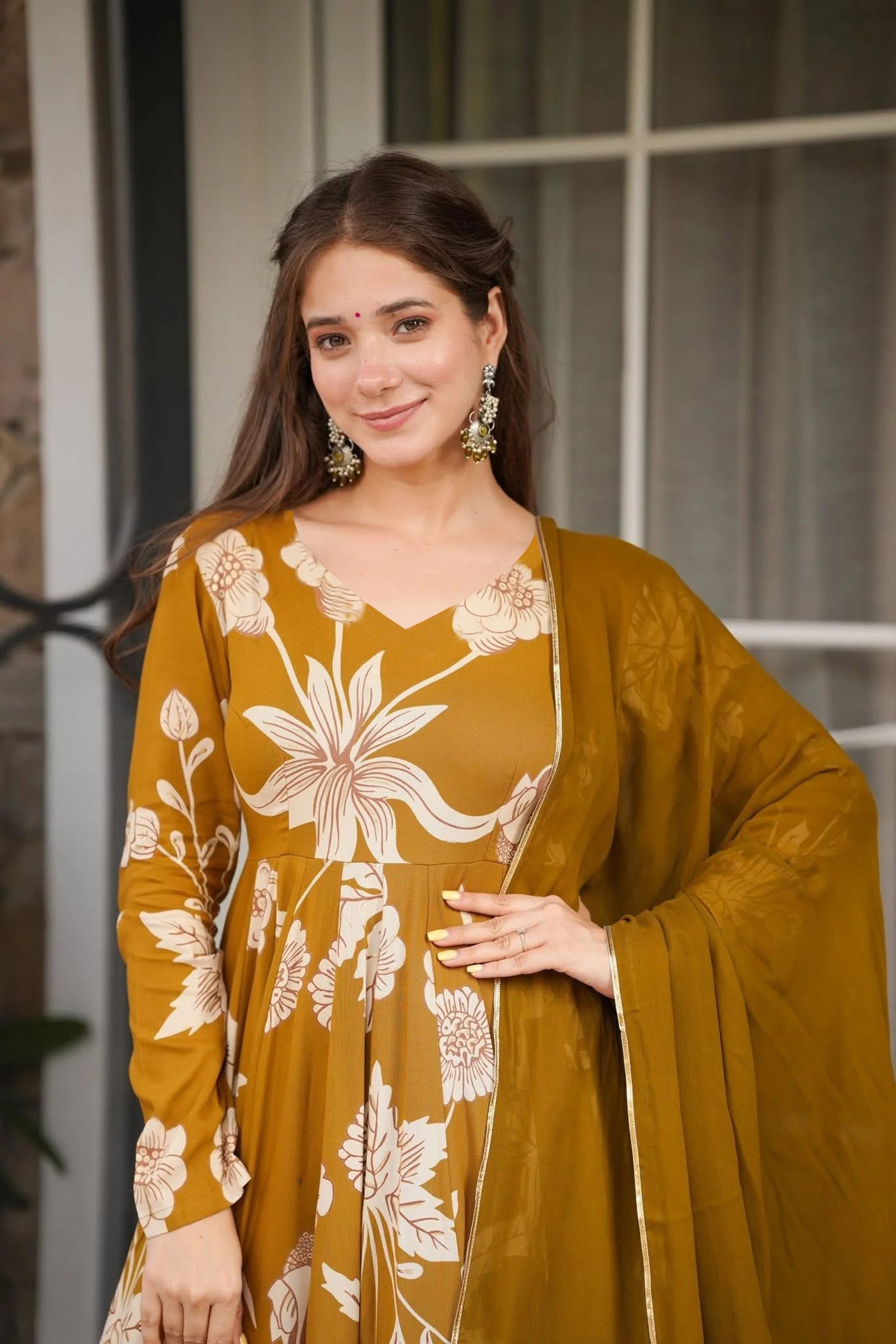 Mustard Anarkali Kurta Set For Women | Festive Wear