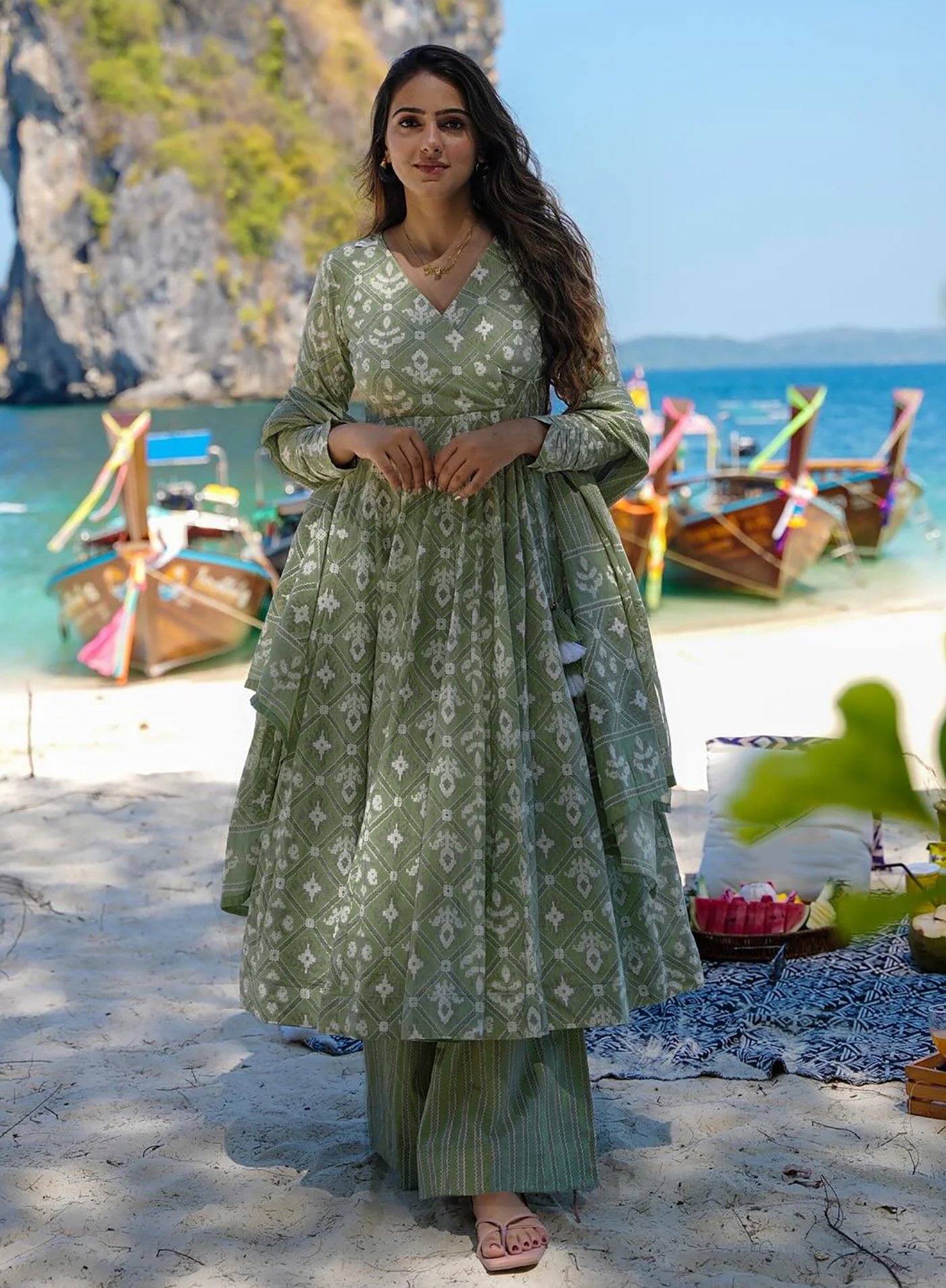 Pista Anarkali Suit Set For Women | Printed Kurta Set