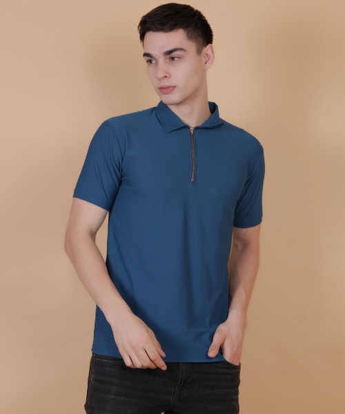 Men's Polo Neck Zipper T-Shirt Teal( Blue )