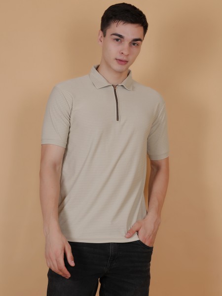 Men's Polo Neck Zipper T-Shirt Cream