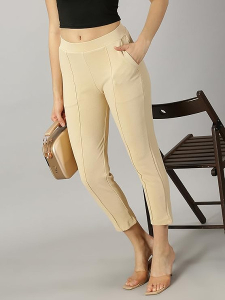 LuxeSkin Women's Skinny Fit Lycra Trousers Cream