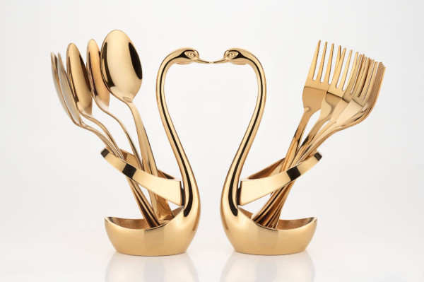 ROSTON Stainless Steel Gold Cutlery Set with Swan Stand – Luxury Dining Tableware (6 Forks)